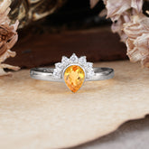 Unique Pear Cut Halo Citrine Engagement Ring Bezel Cluster Ring